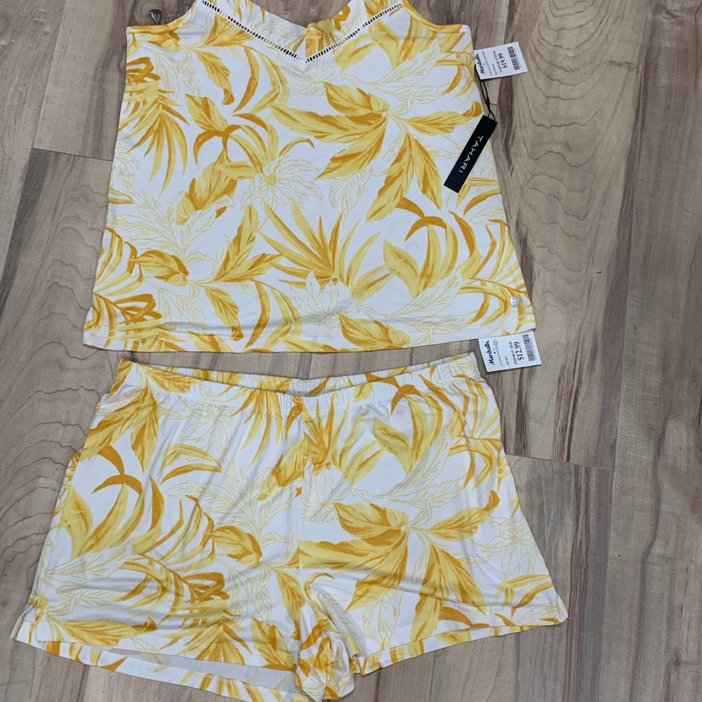 Tahari Yellow Leaf-Print Tank & Short Pajama Set